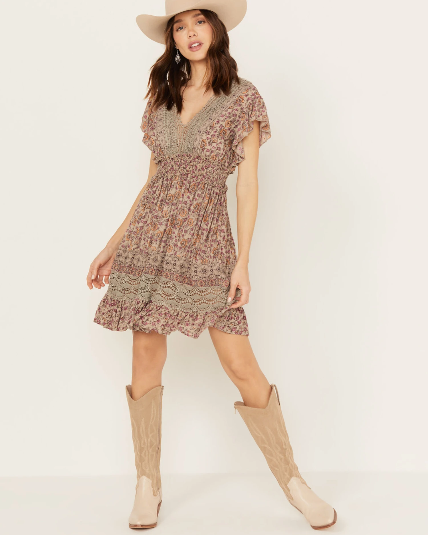 Angie Women's Flutter Sleeve Macrame Insert Floral Print Dress 3 Angie Women's Flutter Sleeve Macrame Insert Floral Print Dress