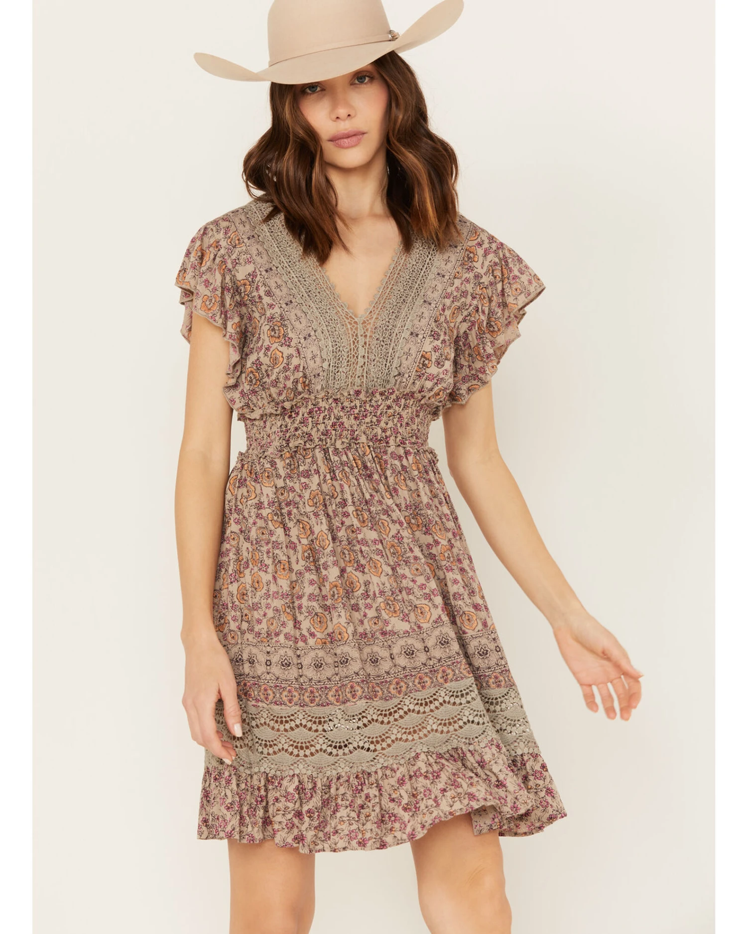 Angie Women's Flutter Sleeve Macrame Insert Floral Print Dress 4 Angie Women's Flutter Sleeve Macrame Insert Floral Print Dress - Image 2