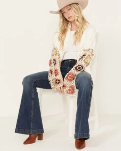 POL Women's Crochet Sleeve Long Sleeve Button Down Shacket