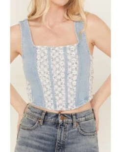 POL Women's Medium Wash Denim Floral Print Sleeveless Corset Tank -Cowboy Wear Shop 2000393559 414 P3