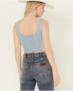 POL Women's Medium Wash Denim Floral Print Sleeveless Corset Tank -Cowboy Wear Shop 2000393559 414 P4