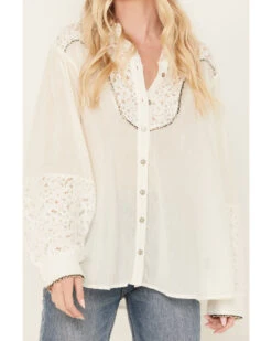POL Women's Lace Yoke Long Sleeve Button Down Shirt -Cowboy Wear Shop 2000393561 103 P3