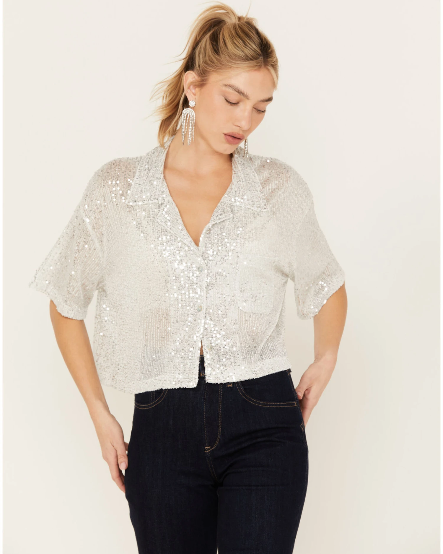 POL Women's Sequin Button Up Top 3 POL Women's Sequin Button Up Top